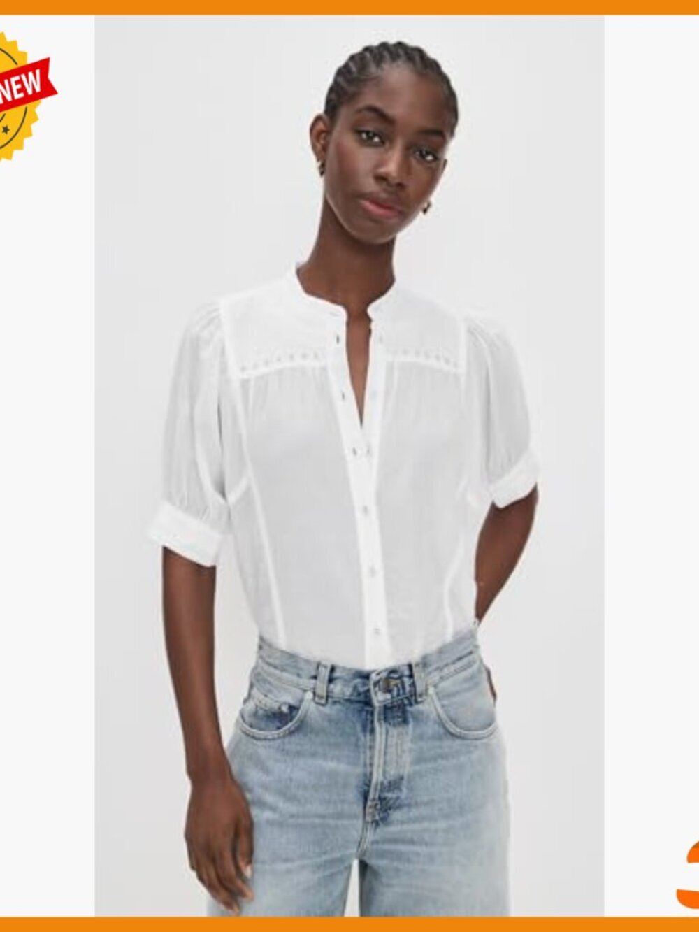 Embroidered Puff-Sleeve Band-Collar Shirt, Lightweight Voile Fabric - Picture 2 of 6